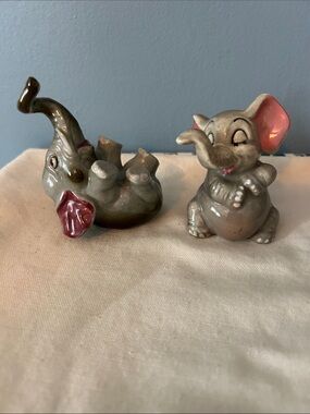 Vintage Ceramic Elephant Figurines Gray with Pink Ears
